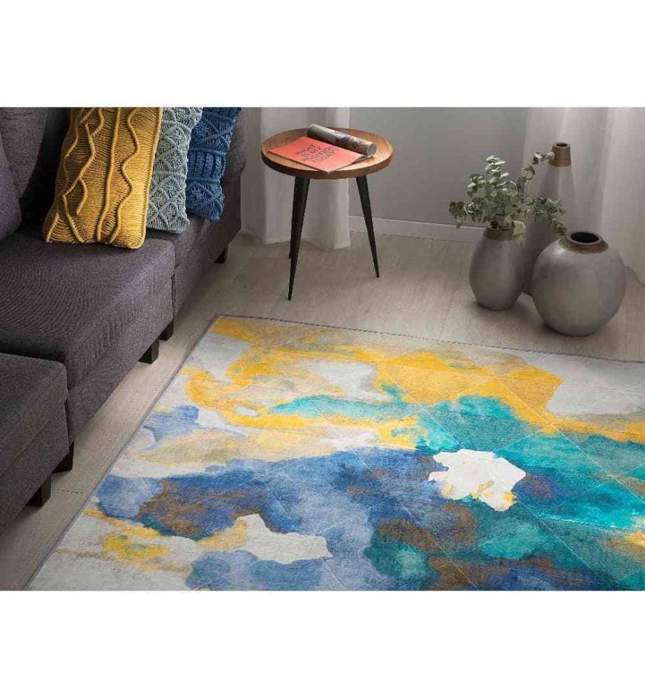 Teppich Blau Weiss Gelb Polyester 160 x 230 cm Kurzflor Aquarell Optik Bedruckt Rechteckig