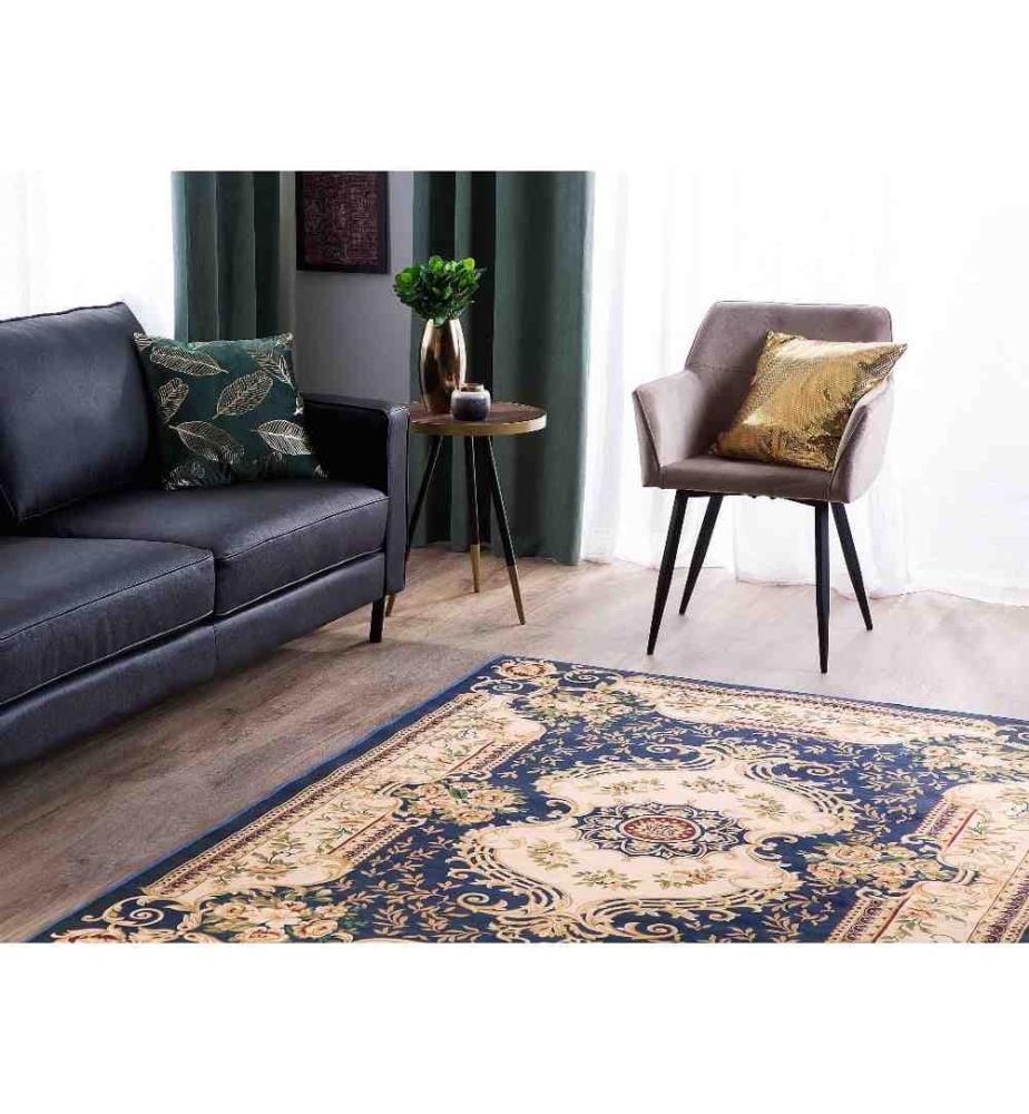 Teppich Beige Blau Weiss Polyester 160 x 230 cm Kurzflor Orientalisches Muster Bedruckt Rechteckig