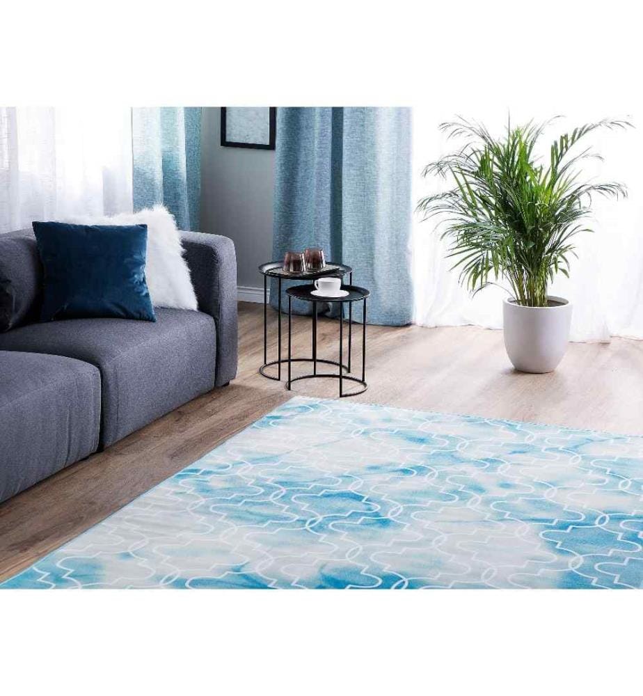 Teppich Hellblau 140 x 200 cm Kurzflor mit Marokkanisches Rautenmuster Bedruckt Rechteckig Modern