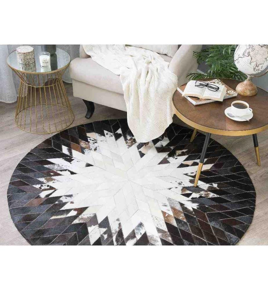 Teppich Weiss Schwarz Braun Echtleder 140 x 140 cm Kurzflor Modern Geometrisch Handgewebt Rund