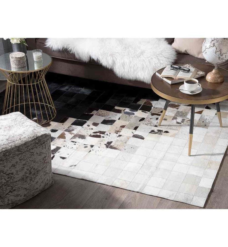 Teppich Weiss Schwarz Echtleder 160 x 230 cm Kurzflor Quadrate Handgefertigt Rechteckig