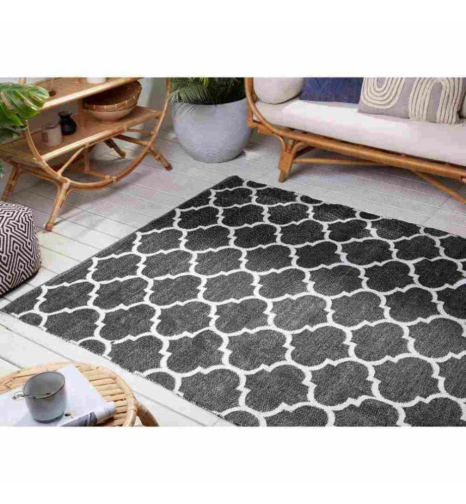 Outdoor und Indoor Teppich Schwarz mit Weiss 140 x 200 cm zweiseitig mit marokkanischem Muster Rechteckig Orientalisches Design