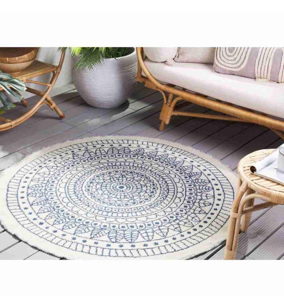 Tapis Rond Bleu et Blanc en Plastique Motif Oriental pour Chambre ou Salon Bohème 140 cm