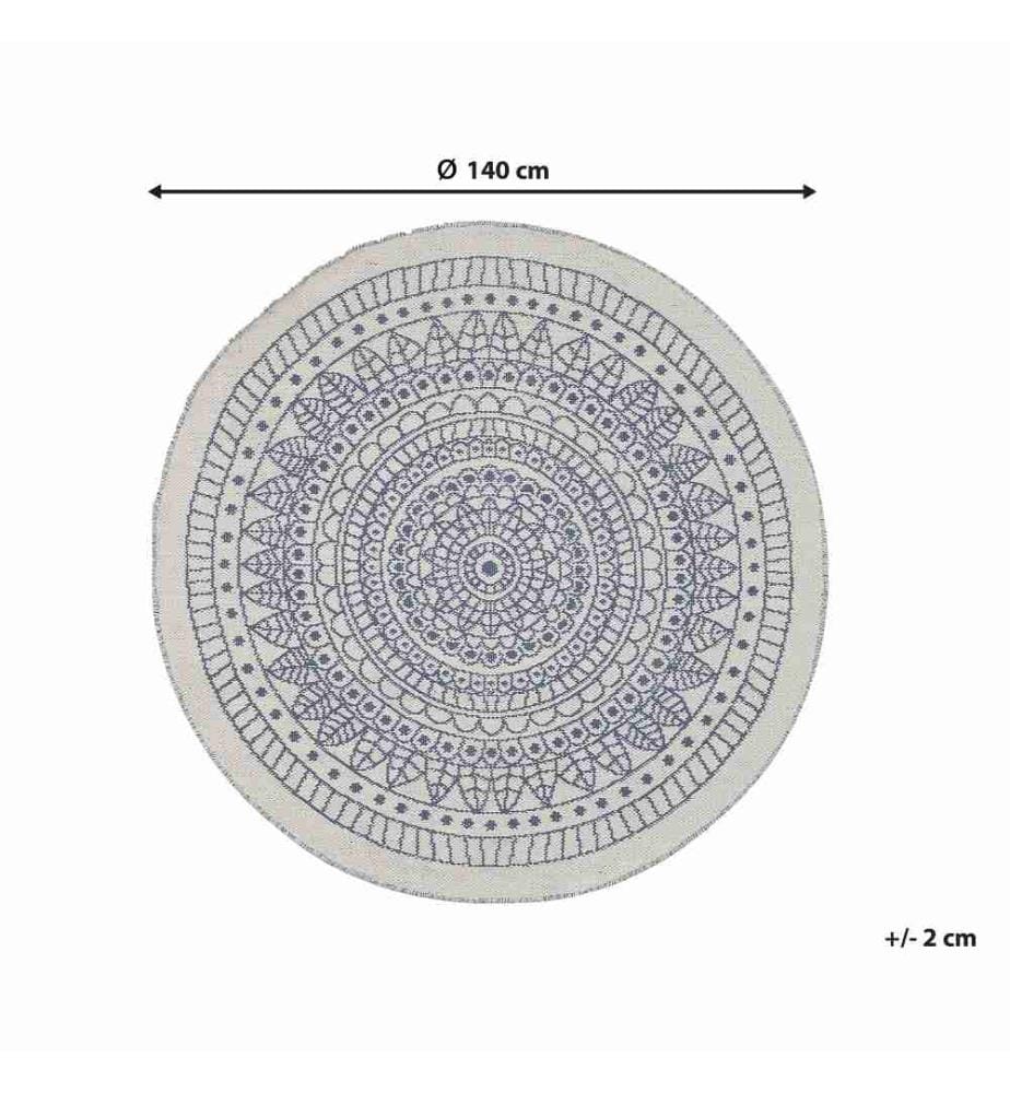 Outdoor Teppich Weiss Blau Kunststoff 140 x 140 cm Kurzflor Orientalisches Muster Handgewebt Rund
