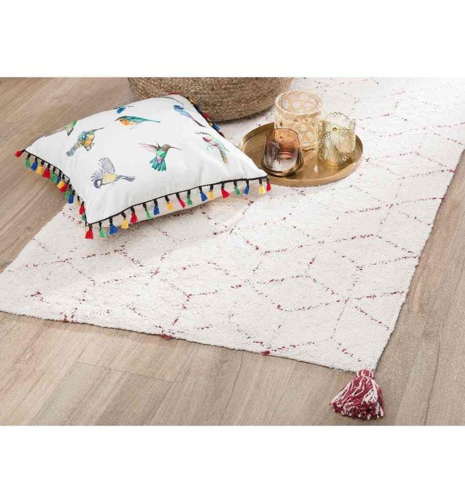 Tapis Rectangulaire Blanc en Coton Poil Long pour Chambre ou Salon Bohème 80 x 150 cm
