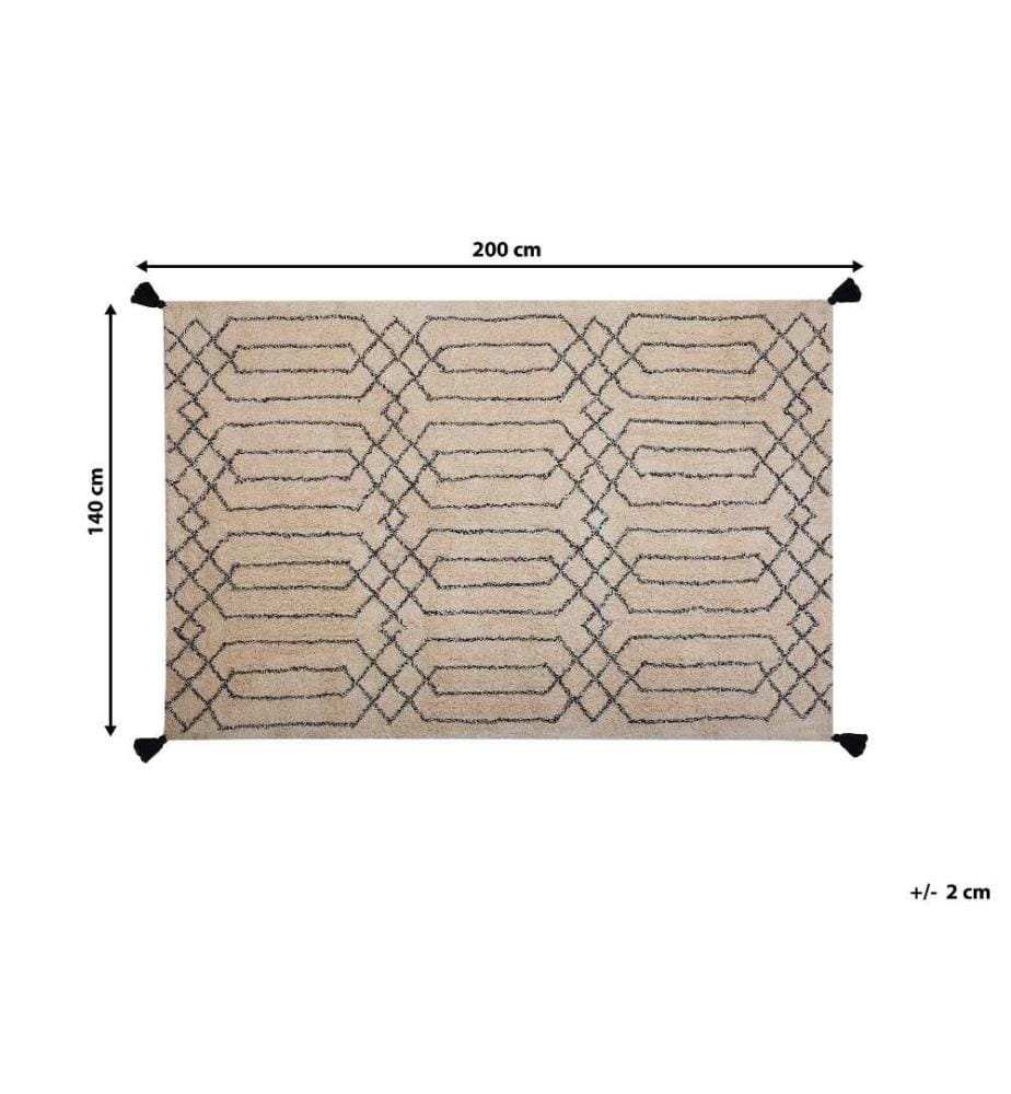 Tapis Rectangulaire Beige et Noir en Coton pour Chambre ou Salon au Style Bohème 140 x 200 cm