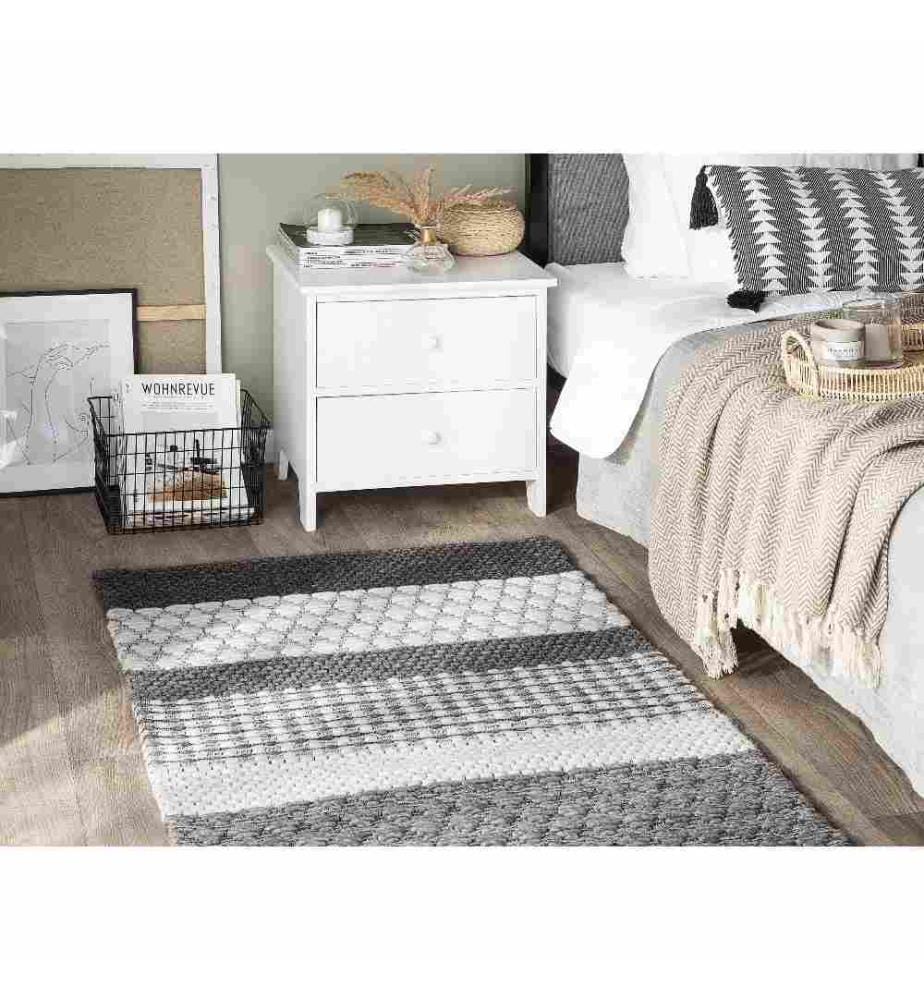 Tapis Rectangulaire Gris et Blanc en Laine à Rayures pour Chambre ou Salon Boho 80 x 150 cm