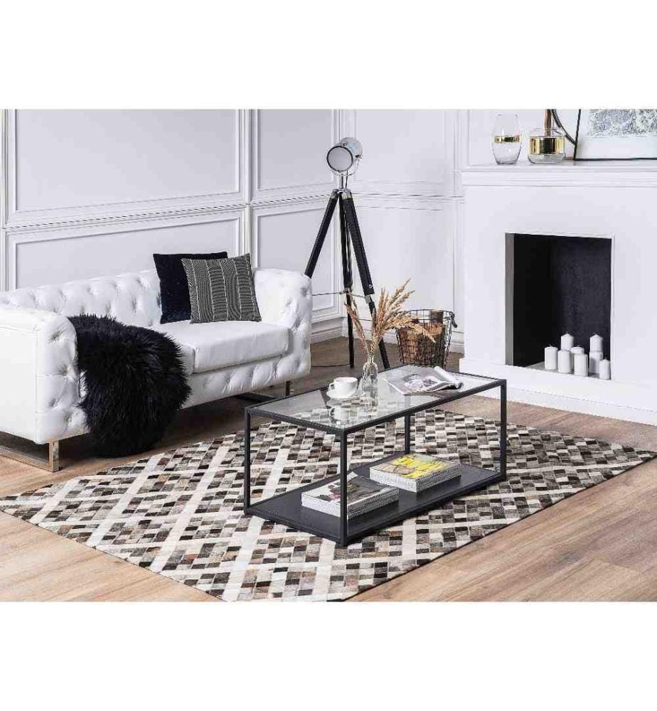 Tapis Patchwork Gris et Marron en Cuir 140 x 200 cm Poil Ras pour Intérieur  Moderne
