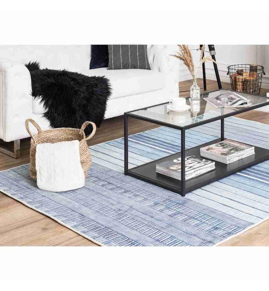 Teppich Hellblau 140 x 200 cm Baumwolle Mit Streifen Kurzflor Handgewebt im Marinestil
