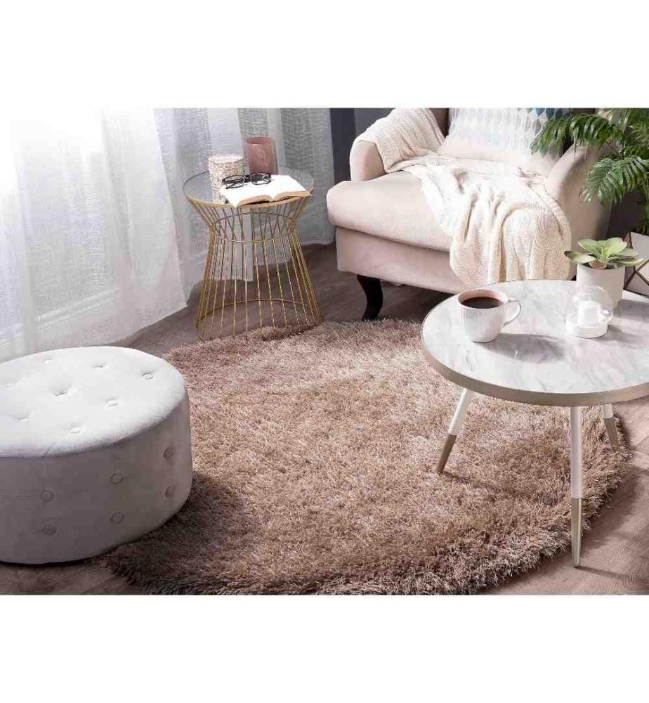 Tapis Rond Poil Long Beige en Polyester et Coton pour Chambre ou Salon au Style Scandinave 140 cm