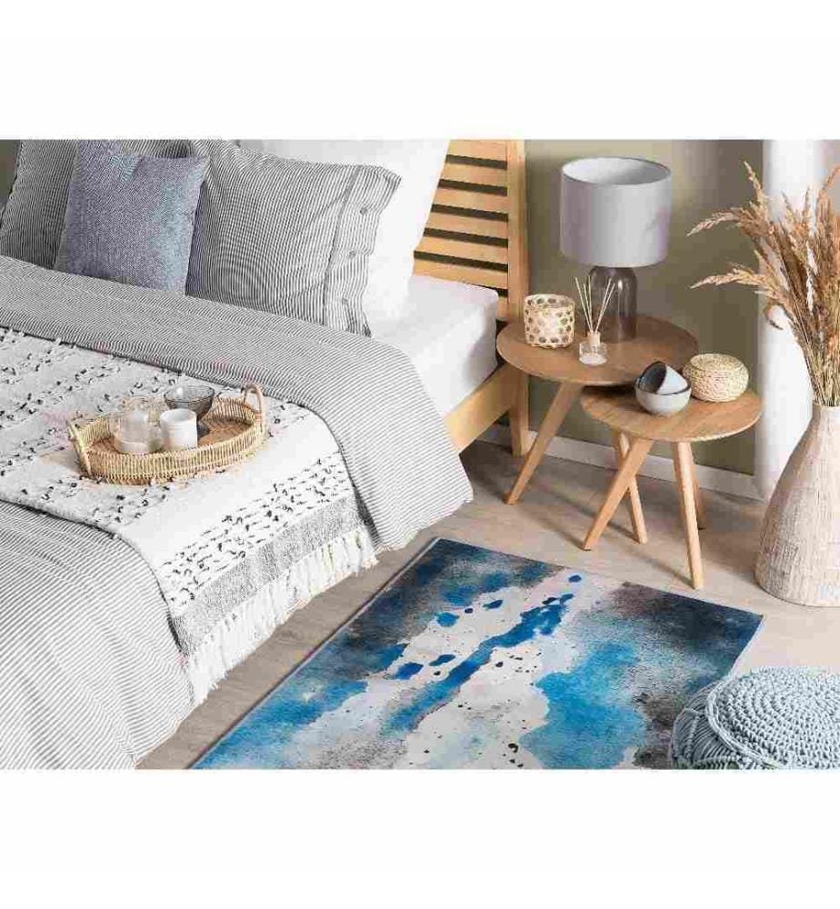Tapis Rectangulaire Bleu en Polyester Motif Tâches pour Chambre ou Salon Contemporain 80 x 150 cm
