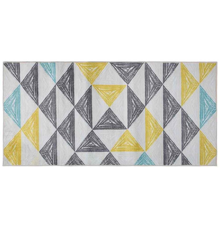 Tapis Rectangulaire Gris Jaune Vert et Blanc en Polyester aux Motifs Triangulaires pour Chambre ou Salon Moderne Scandinave 80 x 150 cm