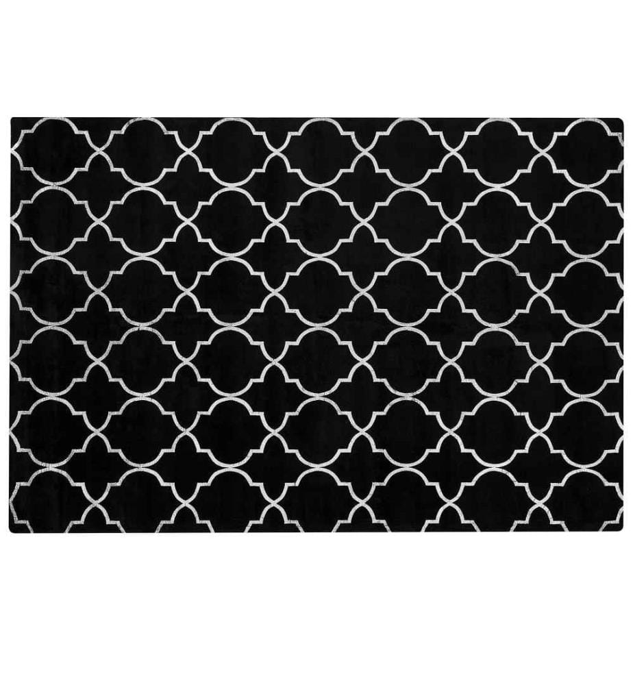 Teppich Schwarz Viskose 140x200 cm marokkanisches Muster in Silber Kurzflor Rechteckig Baumwoll-Unterseite Glamour Look