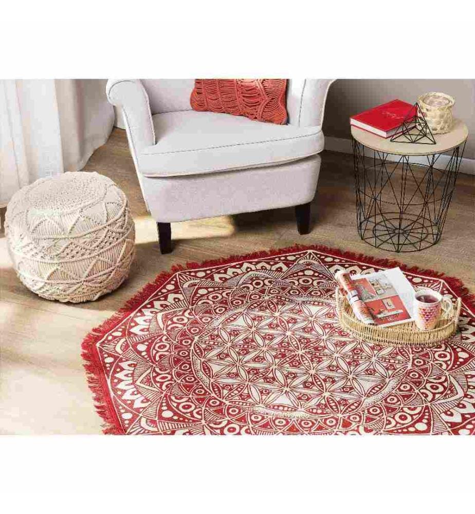 Tapis Octogonal Rouge et Blanc en Coton 120 cm Motif Oriental pour Chambre et Salon au Style Boho