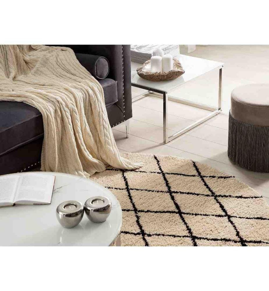 Teppich Beige mit Schwarz 200 x 300 cm Langhaarteppich Kariert Rund Modern
