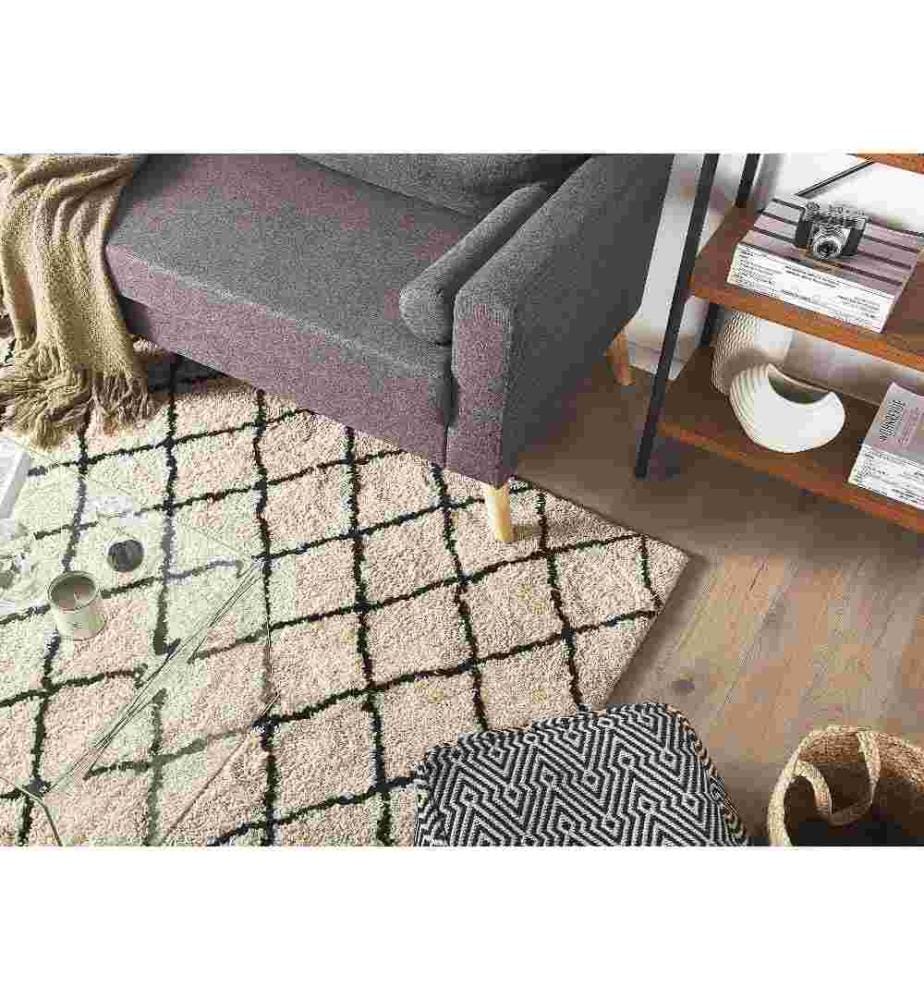 Teppich Beige mit Schwarz 200 x 200 cm Langhaarteppich mit Geometrisches Muster in quadratischer Form Modern