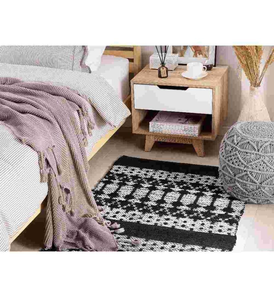 Teppich Läufer Schwarz und Beige Echtleder 80 x 150 cm Kurzflor Abstraktes Design Handgefertigt Rechteckig Wohnzimmer Schlafzimmer Flur