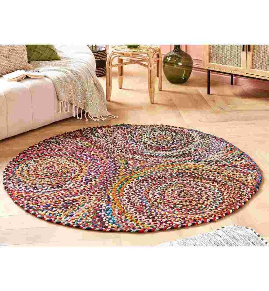 Teppich Bunt Baumwolle ? 140 cm Rund Kurzflor mit Kreisen Maschinengewebt Boho Stil Wohnzimmer Schlafzimmer Flur Accessoires