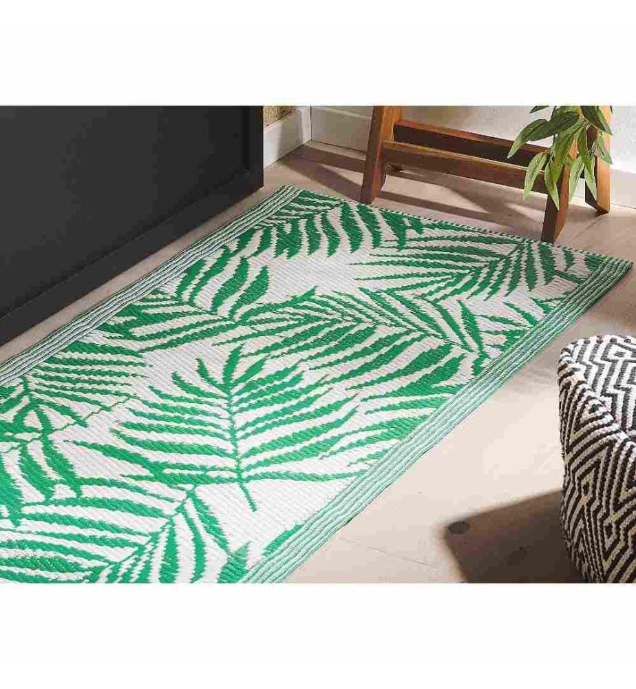 Tapis d'Extérieur Vert et Blanc en Polypropylène Motif Feuilles de Palmier pour Terrasse au Style Moderne 60 x 105 cm