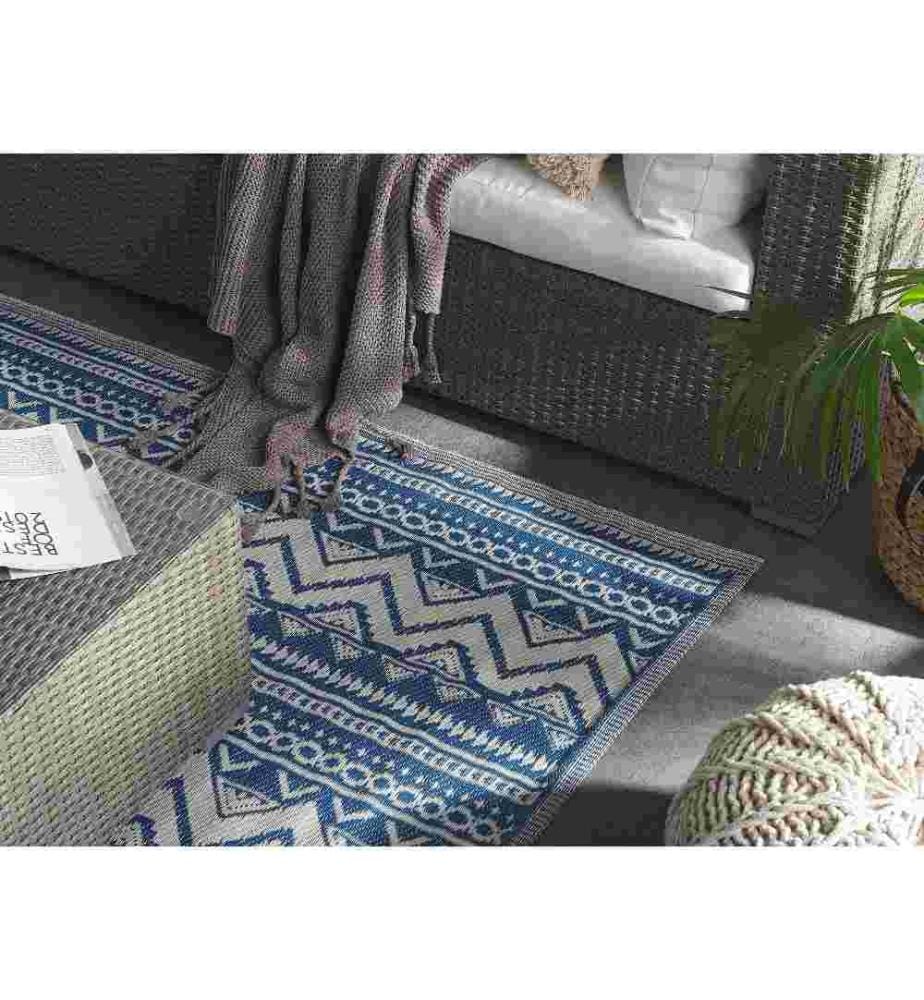 Teppich Blau Polypropylene 120x180 cm Outdoormatte mit geometrischem Muster Rechteckig Kurzflor Gartenaccessoires Terrasse Balkon Wohnzimmer