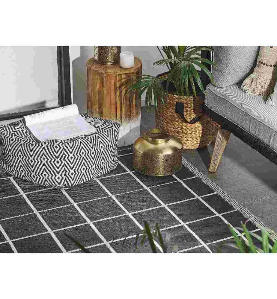 Teppich Schwarz/Weiss Polypropylene 120x180 cm mit kariertem Muster Outdoor u. Indoor Rechteckig Kurzflor Gartenaccessoires Balkon Wohnzimmer