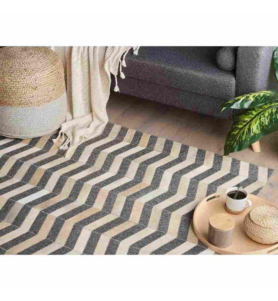 Teppich Grau/Beige 160 x 230 cm aus Echtleder und Jacquard Geometrisches Muster rechteckig Wohnzimmer/ Flur/ Schlafzimmer modernes Design