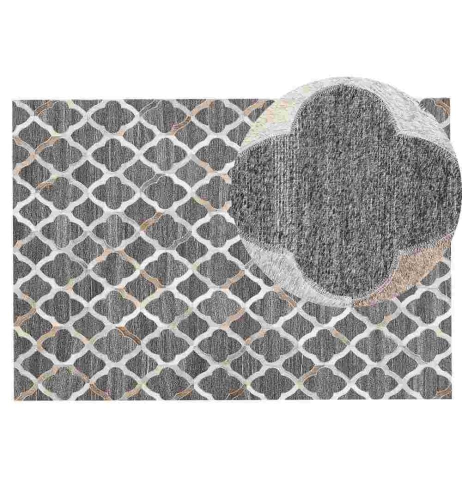 Teppich Grau/Beige 140 x 200 cm aus Echtleder und Jacquard Geometrisches Muster rechteckig Wohnzimmer/ Flur/ Schlafzimmer modernes Design