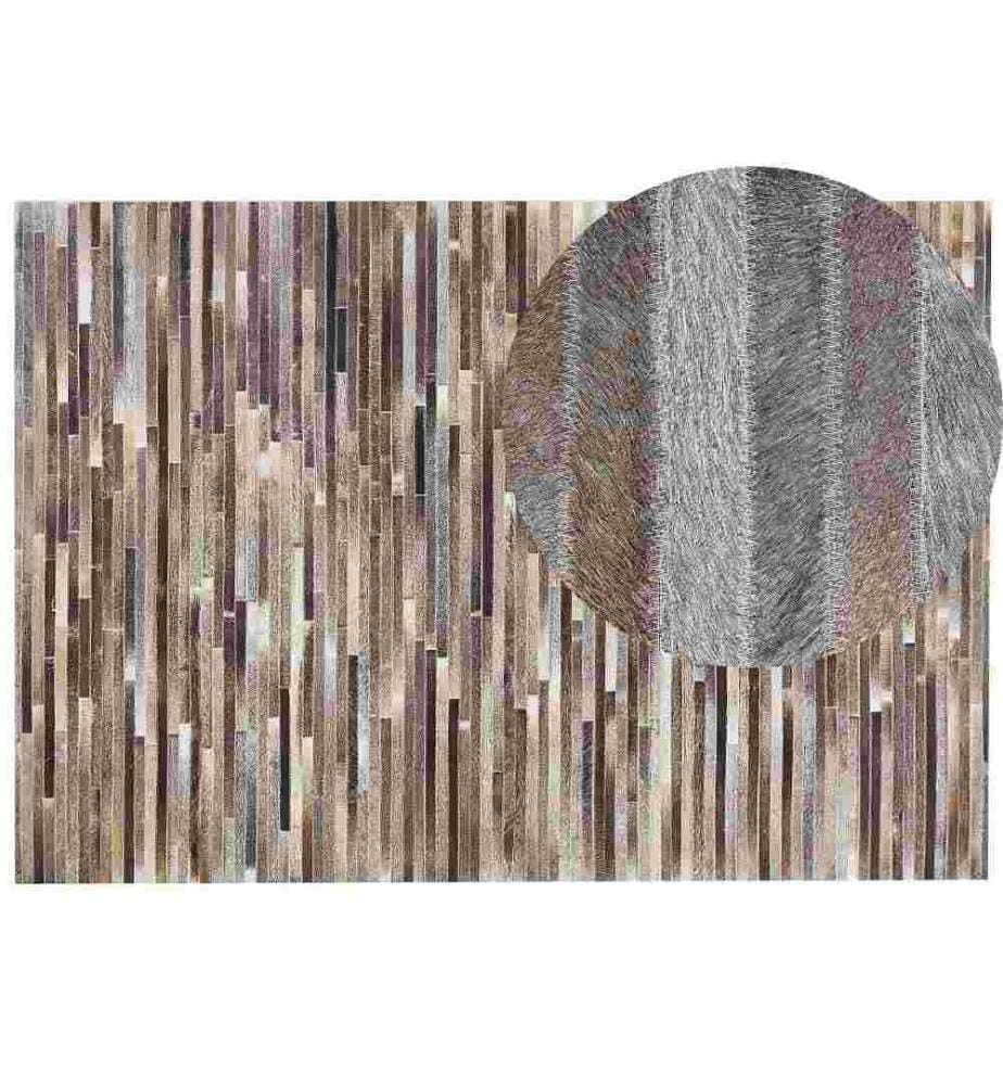 Teppich Braun/Grau Kuhfell rechteckig 160x230 cm Patchwork Streifen-Muster Lederteppich für Wohnzimmer Schlafzimmer Flur Salon Esszimmer