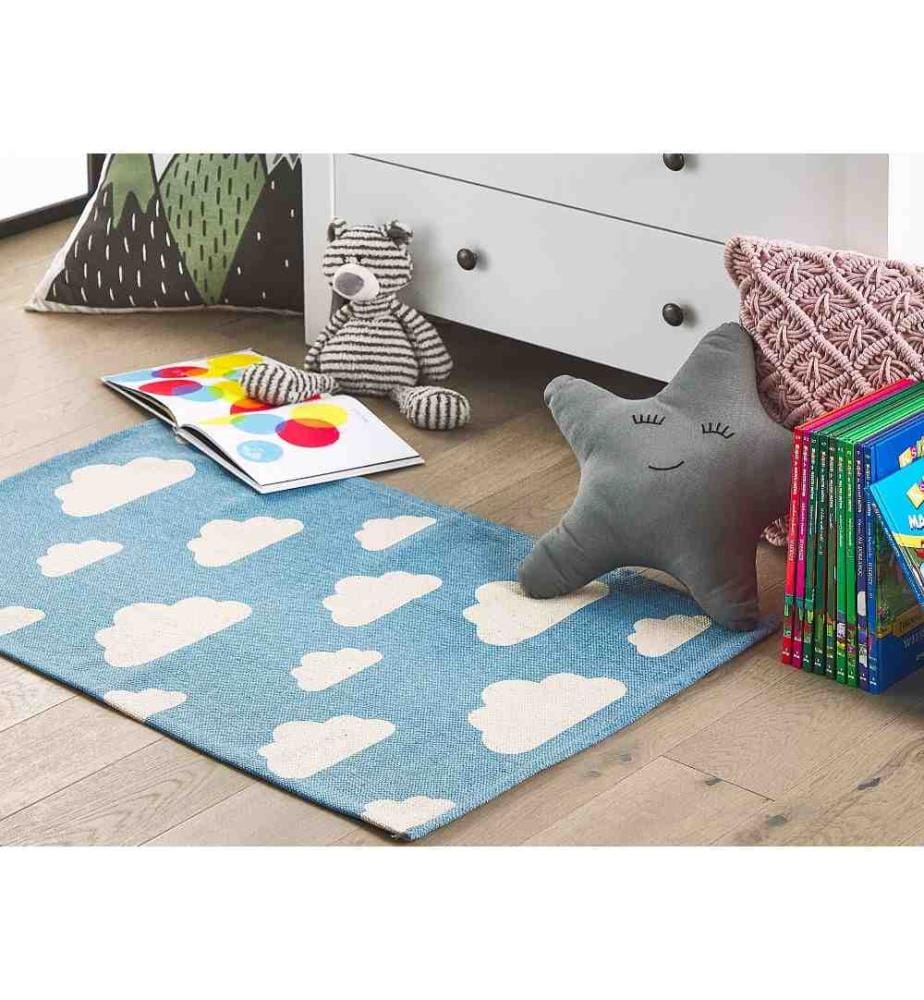 Teppich Blau Baumwolle 60 x 9 cm Kurzflor Bedruckt Kinderzimmer Wolkenmotiv Kinderzimmer Rechteckig
