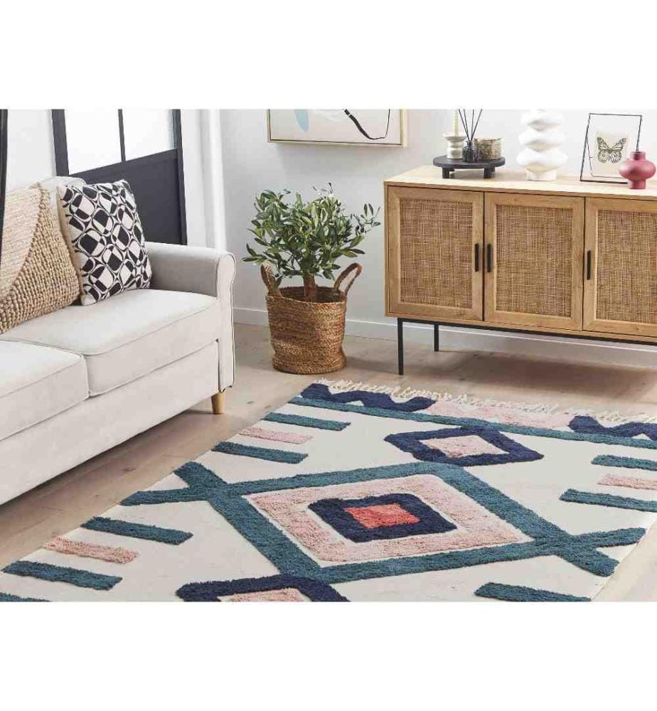 Teppich Bunt Baumwolle rechteckig 140 x 200 cm geometrisches Muster Fransen handgewebt Skandinavisch Kurzhaar Kurzflor Wohn- und Schlafzimmer