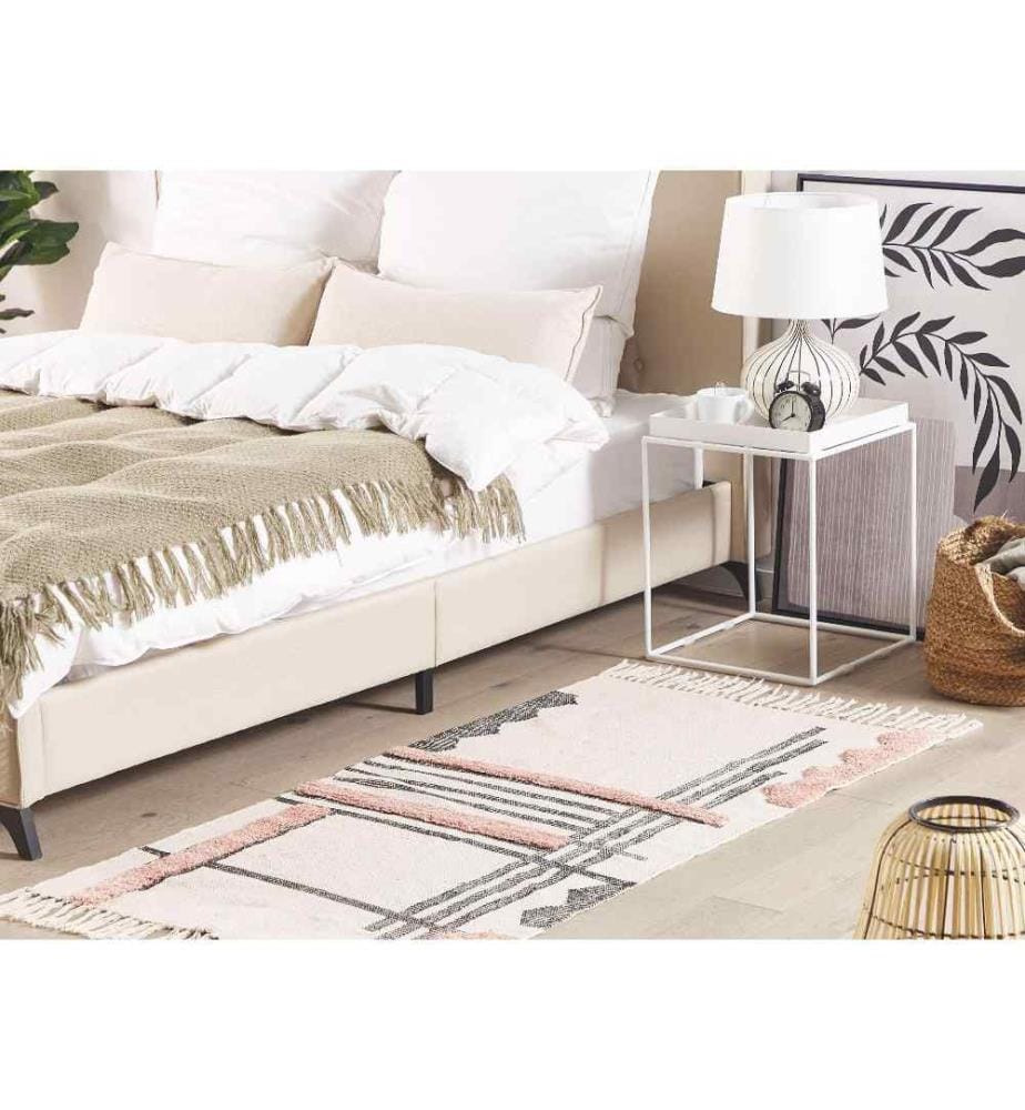 Tapis Beige et Noir en Coton 80 x 150 cm Design Tendance Scandinave avec des Franges Fait à la Main Rectangulaire pour Salon