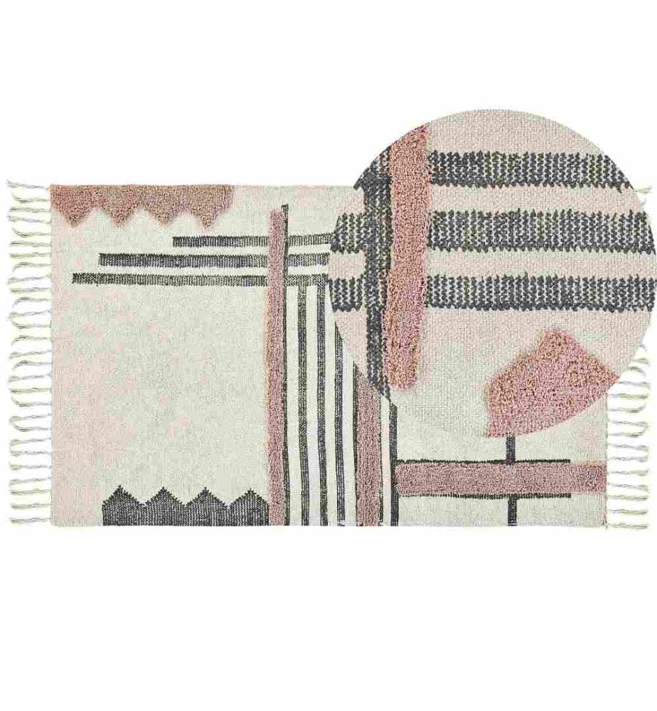 Tapis Beige et Noir en Coton 80 x 150 cm Design Tendance Scandinave avec des Franges Fait à la Main Rectangulaire pour Salon