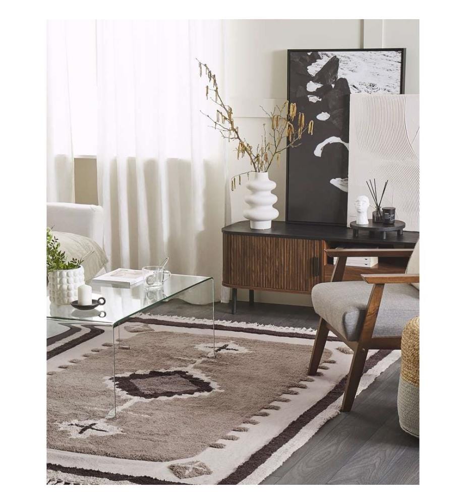Tapis Beige en Coton 160x230cm Salon Touffeté avec Motif Abstrait pour Salon et Chambre Rectangulaire à Franges