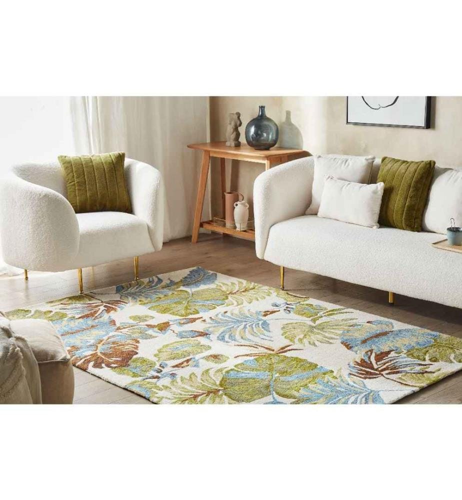 Teppich Mehrfarbig Wolle 160 x 230 cm Rechteckig Blattmuster Pflanzenmuster Handgetuftet Boho Gefärbt Kurzhaar Kurzflor Bettvorleger Wohnzimmer