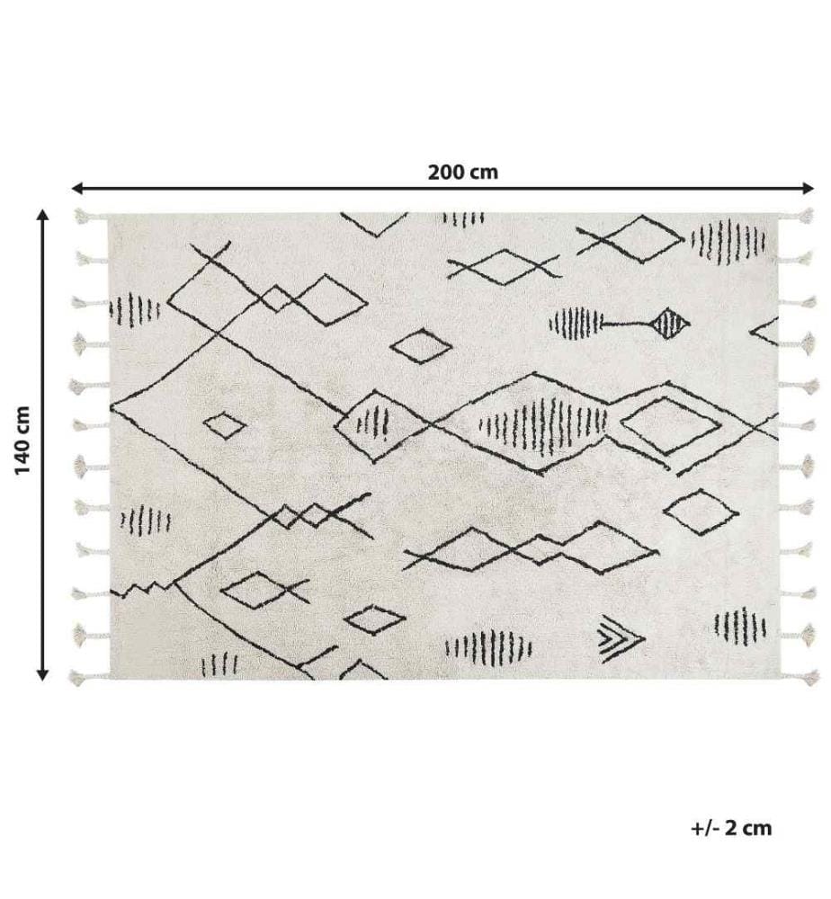 Tapis Blanc et Noir en Coton 140 x 200 cm à Motif Géométrique avec Franges Design Moderne Décoration pour Chambre et Salon