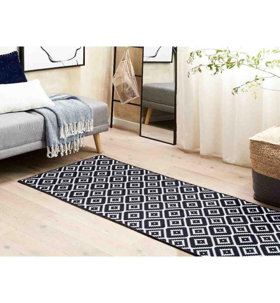 Teppich Läufer Schwarz / Weiss Stoff 70 x 200 cm Rechteckig mit Geometrischem Muster Rutschfest Modern Vorleger Flur Küche Schlafzimmer