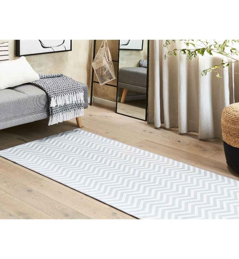 Tapis Blanc et Gris en Polyester 80 x 200 cm Classique Long Rectangulaire pour Couloir Salon ou Chambre à Poils Courts