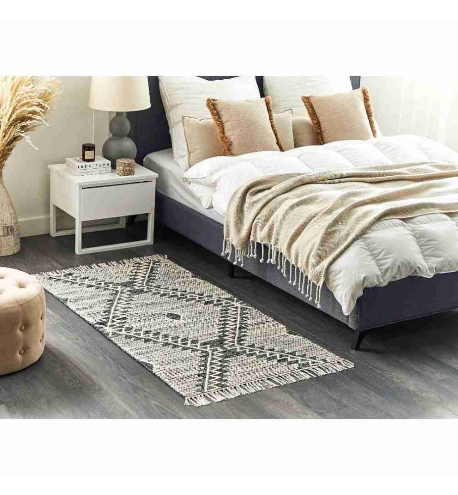 Tapis en Coton Laine Noir et Blanc Motif Géométrique et Franges Orientales 80 x 150 cm Design Moderne Intérieur Déco Salon Chambre