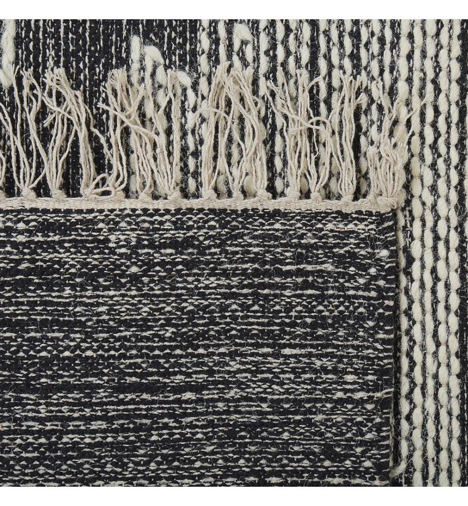 Tapis en Coton Laine Noir et Blanc Motif Géométrique et Franges Orientales 80 x 150 cm Design Moderne Intérieur Déco Salon Chambre