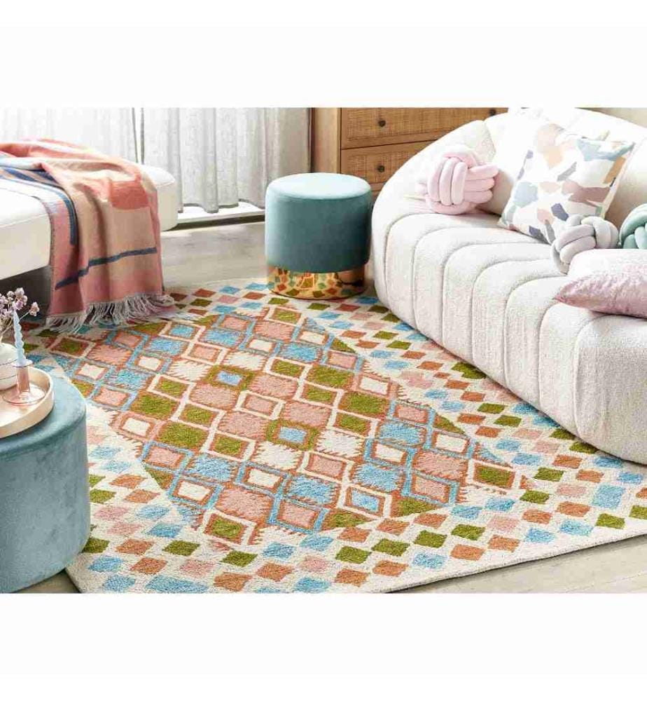 Teppich Bunt Wolle 200 x 200 cm Quadratisch Geometrisches Muster Handgetuftet Modern Kurzhaar Kurzflor Flur Diele Wohnzimmer Schlafzimmer