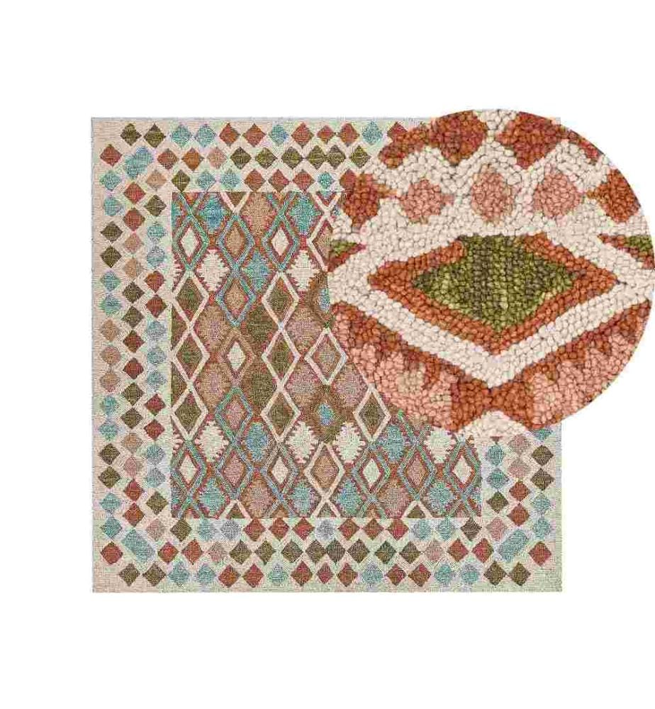 Teppich Bunt Wolle 200 x 200 cm Quadratisch Geometrisches Muster Handgetuftet Modern Kurzhaar Kurzflor Flur Diele Wohnzimmer Schlafzimmer
