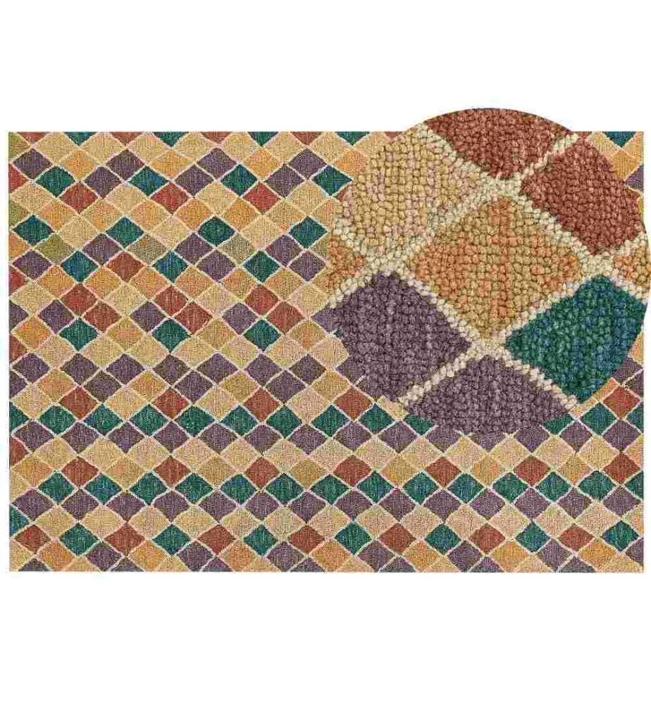 Teppich Mehrfarbig Wolle Rechteckig 160 x 230 cm mit Kariertem Muster Handgetuftet Modern Kurzhaar Kurzflor Flur Diele Wohn- und Schlafzimmer