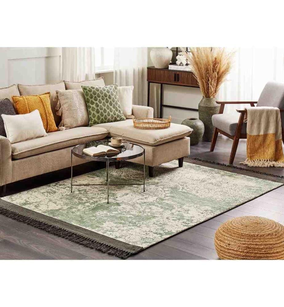 Teppich Grün u. Beige Viskose 160 x 230 cm Rechteckig Kurzflor mit Fransen Orientalisches Muster Rechteckig Wohnzimmer Schlafzimmer Flur