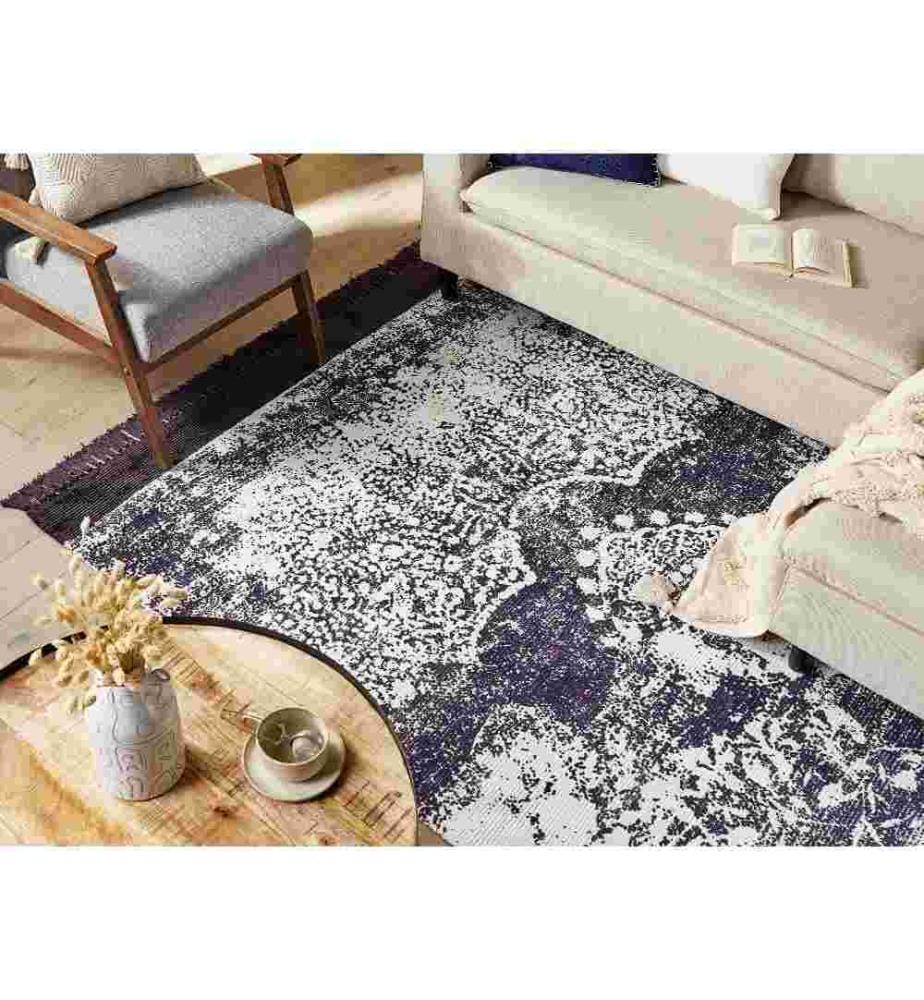 Tapis Blanc et Violet en Viscose et Coton 160 x 230 cm à Motif et Franges Noires Effet Vieilli de Style Vintage Rectangulaire pour Salon Chambre