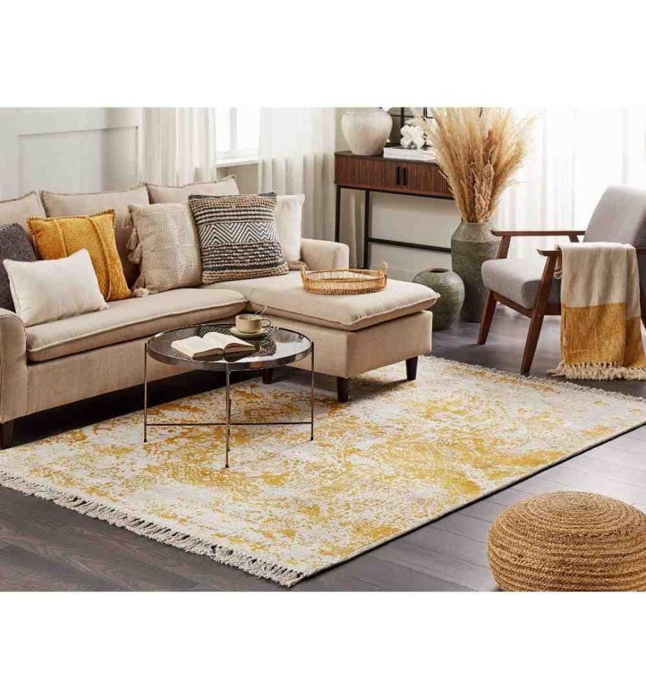 Teppich Beige u. Senfgelb Viskose 160 x 230 cm Rechteckig Kurzflor mit Fransen Orientalisches Muster Rechteckig Wohnzimmer Schlafzimmer Flur