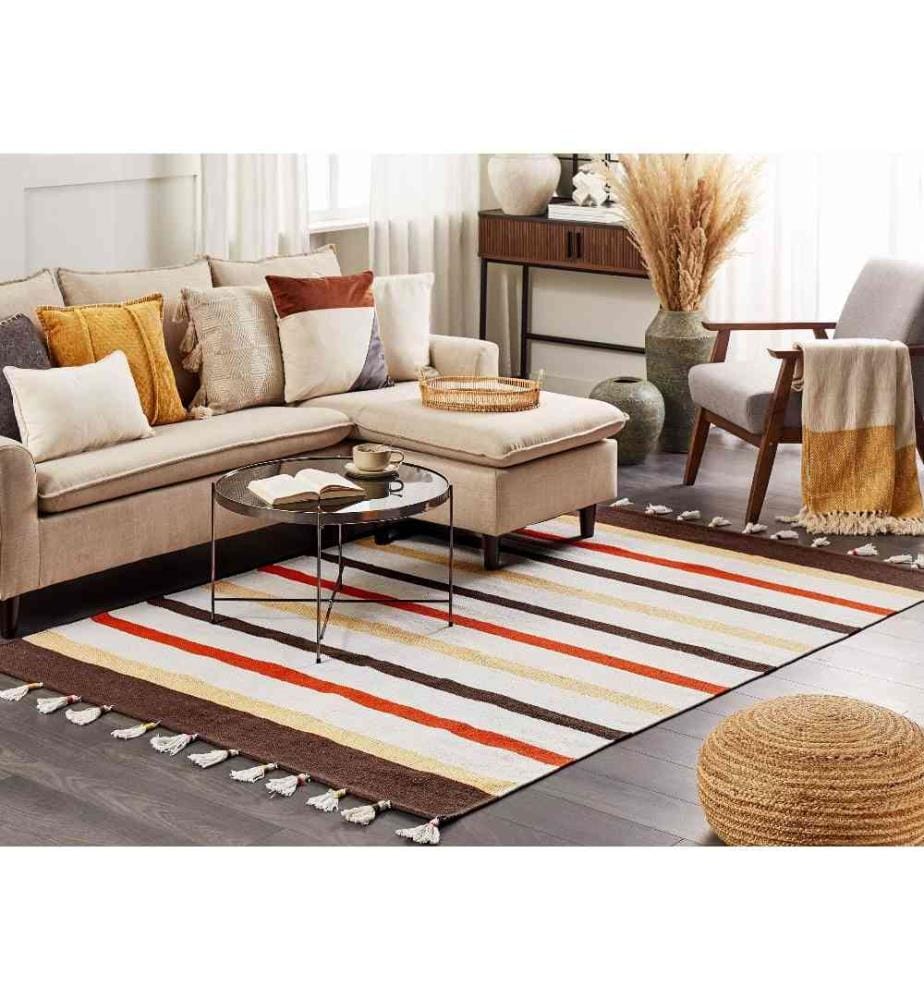 Teppich Braun u. Beige Baumwolle 140 x 200 cm Rechteckig Kurzflor mit Fransen Gestreiftes Muster Streifen Rechteckig Wohnzimmer Schlafzimmer