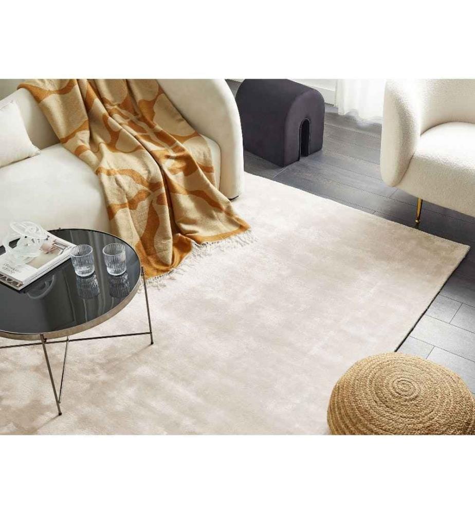 Teppich Hellbeige Viskose 160x230 cm Kurzflor Rechteckig mit Baumwoll-Unterseite Modern Industrial Einfarbig Handgewebt Wohnzimmer Schlafzimmer