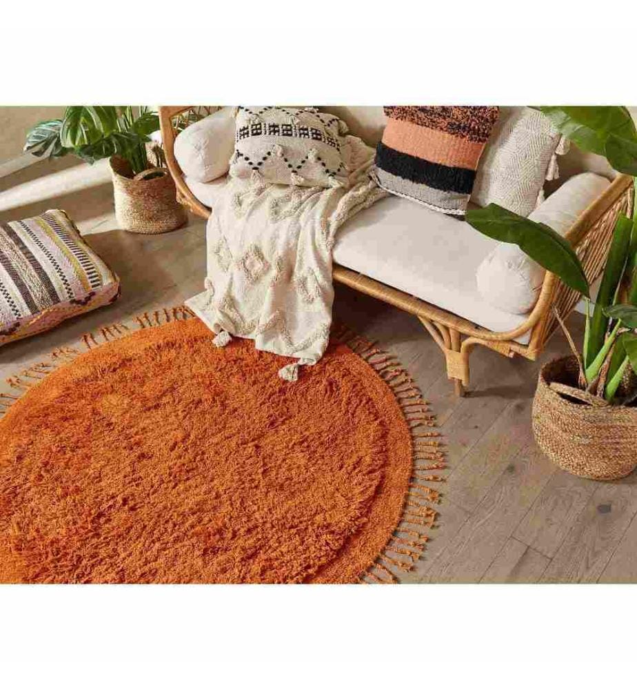 Teppich Orange Baumwolle Rund ? 140 cm mit Fransen Getuftet Modern Boho Langhaar Hochflor Shaggy Bettvorleger Läufer für Fussbodenheizung