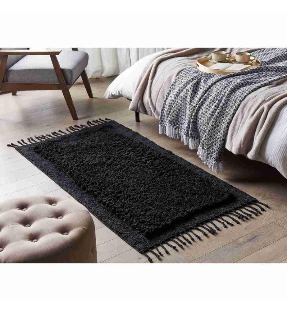 Teppich Schwarz Baumwolle Rechteckig 80 x 150 cm mit Fransen Getuftet Boho Langhaar Hochflor Shaggy Bettvorleger Läufer für Fussbodenheizung