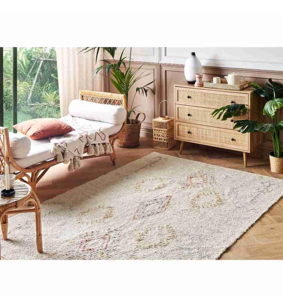 Teppich Beige Baumwolle Rechteckig 140 x 200 cm Geometrisches Muster Handgetuftet Boho Modern Kurzhaar Fussbodenheizung Geeignet